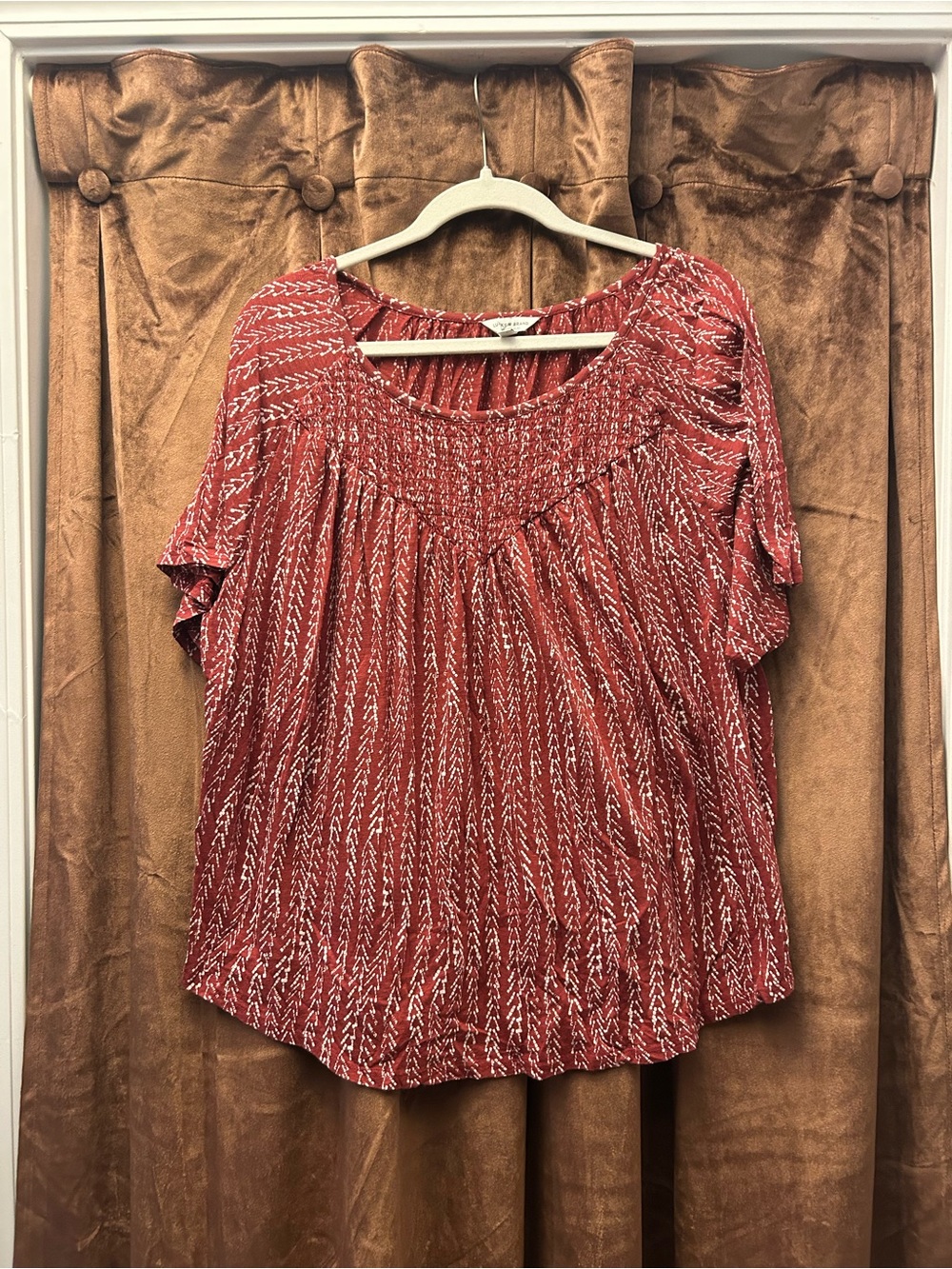 Lucky Brand Red Patterned Smocked Yoke Top